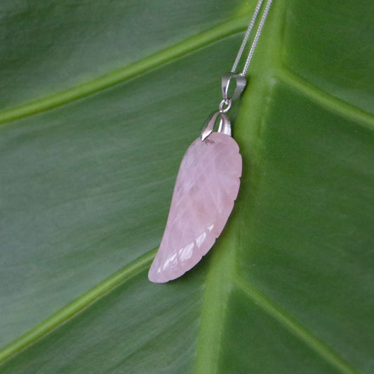 Rose Quartz Angel Wing Pendant on Sterling Silver chain - Exquisite Crystals