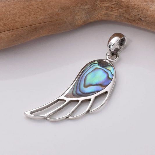 Silver and Abalone Angel Wing Pendant and Chain Necklace - Exquisite Crystals