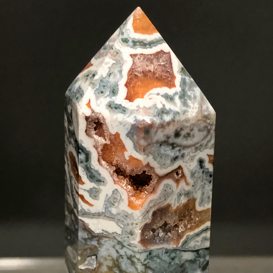 Green Moss Agate Crystal Tower with Druzy Pink Moss Inclusions